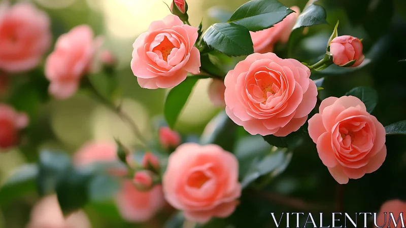 Coral garden roses bloom in lush natural light.