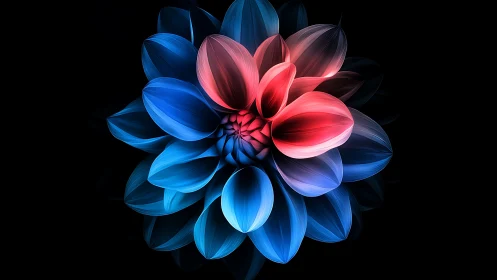 Luminous Digital Flower Blooming in Neon Colors Against Darkness