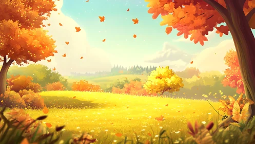 High-saturation stylized autumn meadow under clear daylight sky