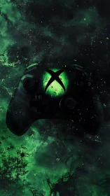 Luminous green game controller emerges from dark cosmic smoke.