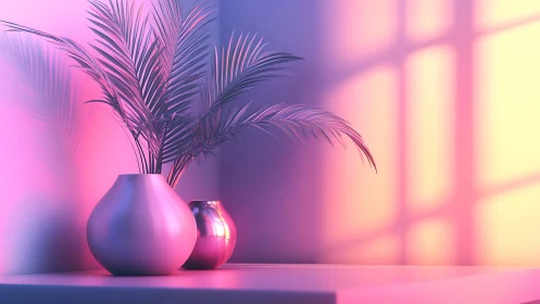 Volumetric neon lighting models glossy vases and palm foliage