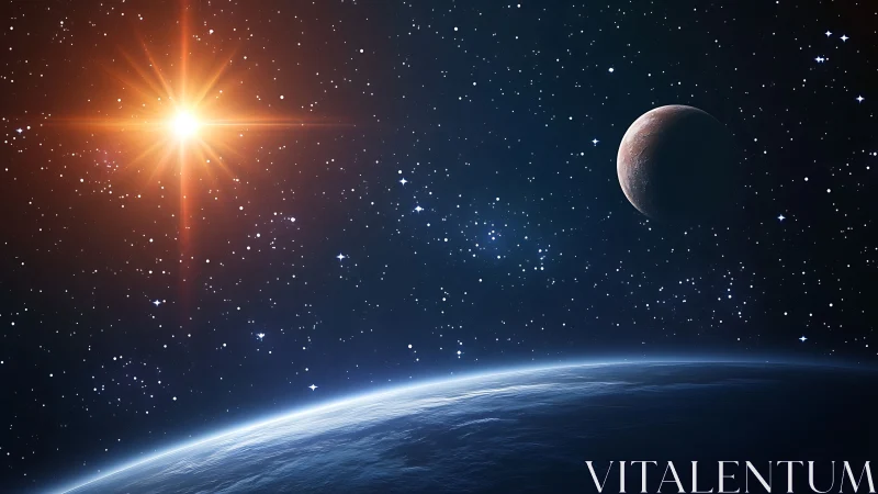 Star shines over distant planet and illuminated horizon