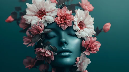 Floral-framed teal mannequin face with closed eyes in profile.