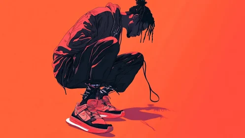 Chromatic vector study of crouched streetwear silhouette on orange.