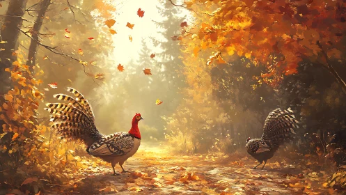 Autumn forest grouse under golden backlit foliage glow.