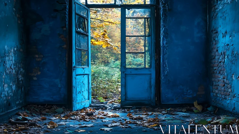 Decayed blue interior frames autumn foliage beyond open doors
