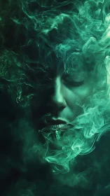 Closed-eyed face emerges from dense teal volumetric smoke field