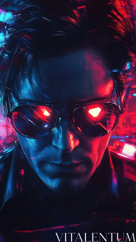 Neon-drenched vigilante studies the city through burning lenses