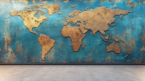 Textured gold world map mural on blue gallery wall.