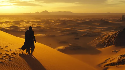 Lone wanderer strides through molten gold desert dusk.