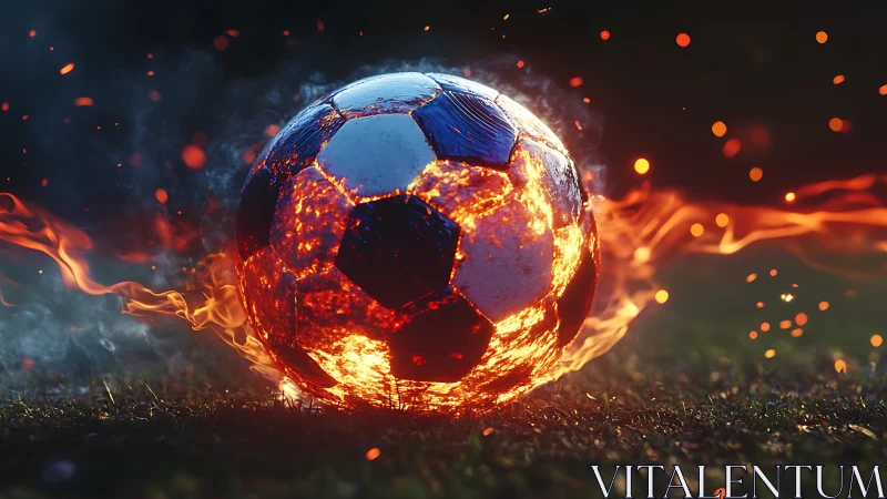 Photorealistic molten soccer ball with dynamic flame trails.