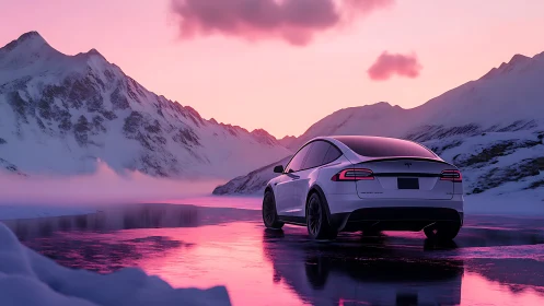 White electric car is parked on reflective icy mountain road