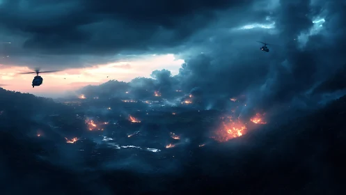 Helicopters over burning valley under dense storm clouds.