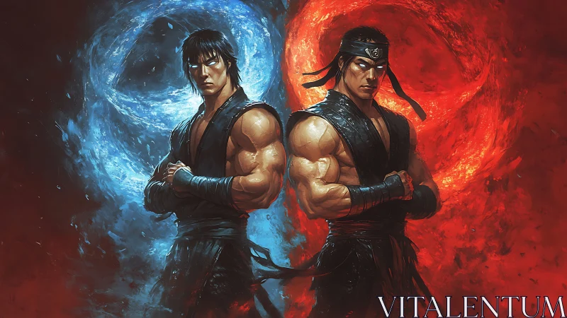 Twin martial artists stand before blue and red energy circles