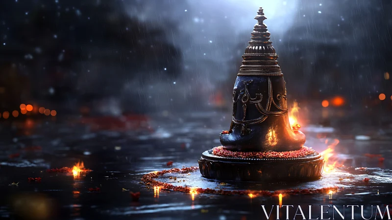 Sacred Shiva lingam glows through rainlit night ritual fire