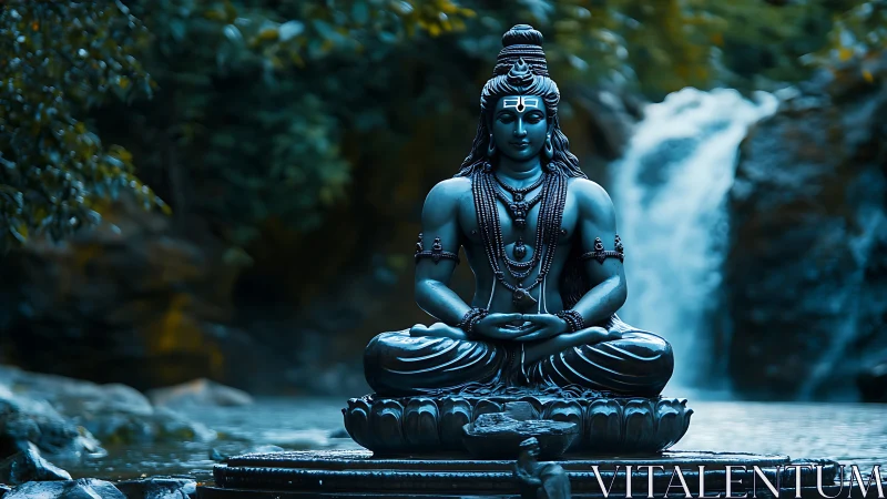 Meditative Shiva sculpture before waterfall in blue tonal lighting