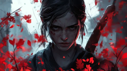 Battle-hardened survivor girl in red foliage, cinematic lighting
