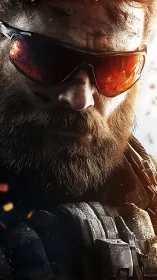 Battle-scarred bearded operative in ember-tinted shades.