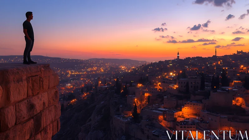 Silhouetted man on stone cliff overlooking illuminated hill city
