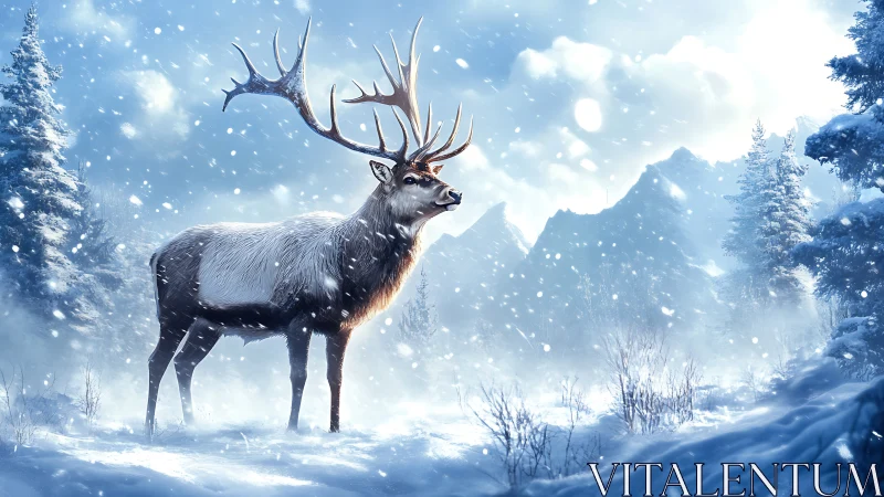 Stag with complex antler structure in high-contrast snowy backlight