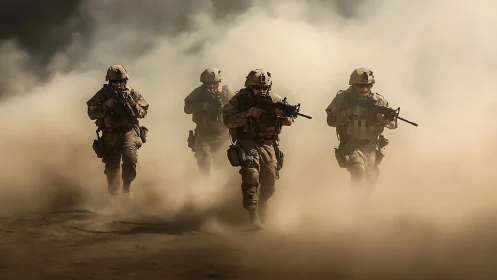Dusty battlefield moment shows soldiers moving with focus
