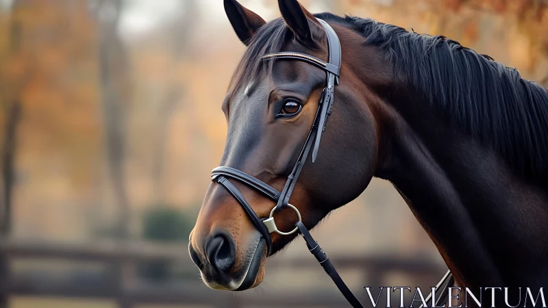 Bay horse in bridle against soft autumn background.