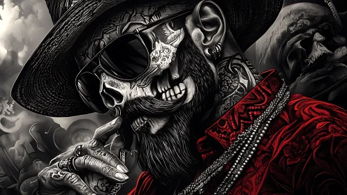 Skull-faced dandy savors midnight jazz in crimson threads