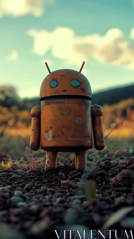 Rust-speckled meadow bot staring into a soft sunset sky.