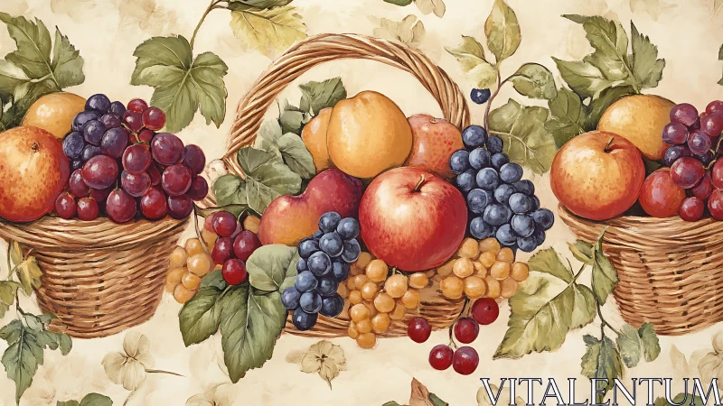 Orchard fruit baskets rendered in warm classical watercolor