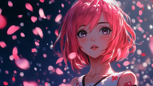 Petal-strewn twilight surrounding pink-haired anime girl.