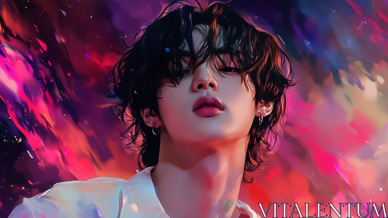 Dreamy portrait amid swirling neon twilight hues.