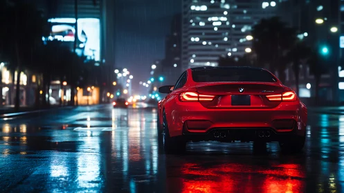Red sports coupe idles on rain-slick neon city boulevard at night