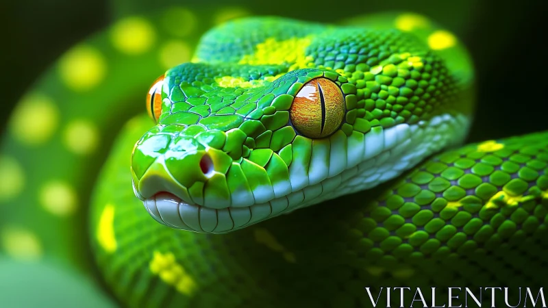 Close-up render records green snake head and textured scales
