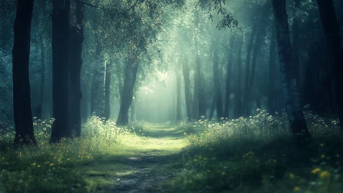 Forest pathway with afternoon light filtering through tree canopy