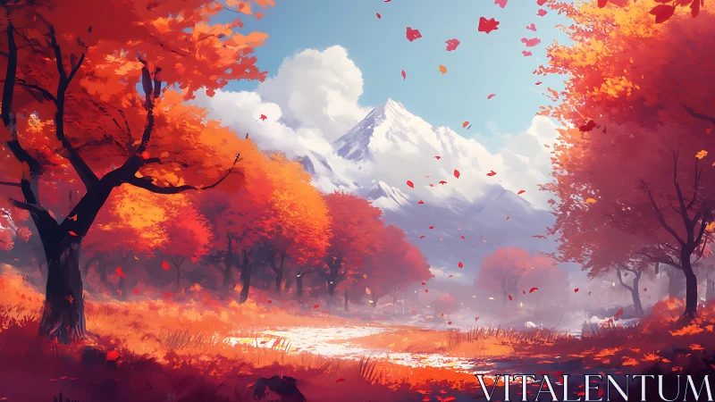 Snow-peaked mountain framed by autumn foliage trees