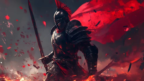 Armored knight advances amid red embers in dynamic battle tableau