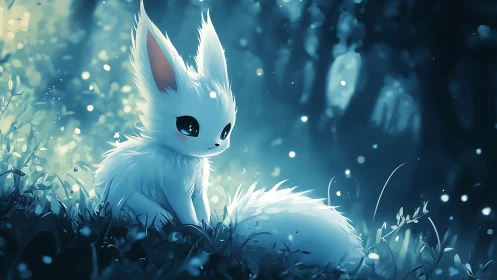Small white creature sits in luminous stylized forest scene