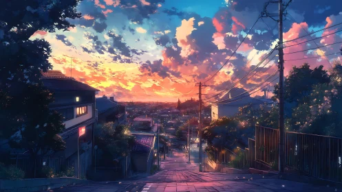 Twilight urban slope under luminous painterly sunset sky.