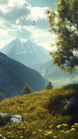 Sunny alpine valley with wildflower meadow and peaks.
