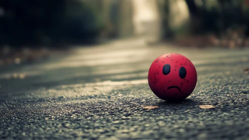 Red sad-face ball rests on wet asphalt in shallow focus