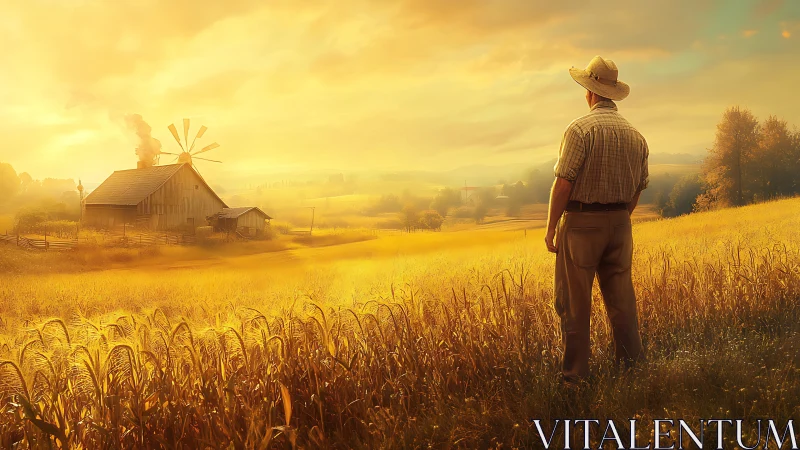 Solitary farmer surveys golden wheat fields at luminous sunset