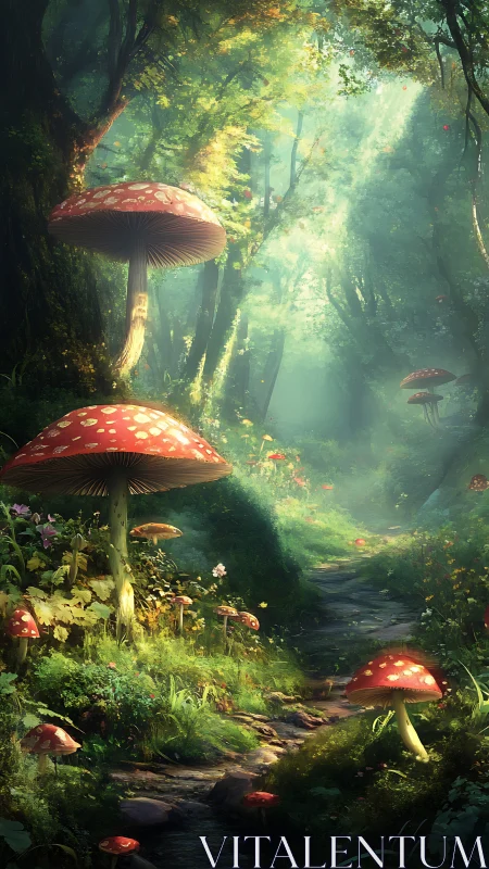 Enchanted forest ecosystem with luminous red toadstools and atmospheric light diffusion.