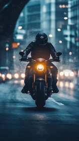 Motorcyclist advances through rain-soaked urban boulevard at dusk