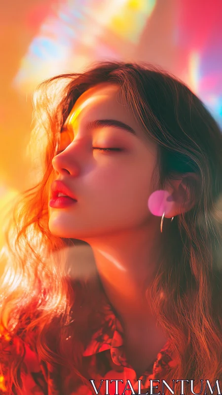 Profile portrait in warm multicolored refracted lighting.