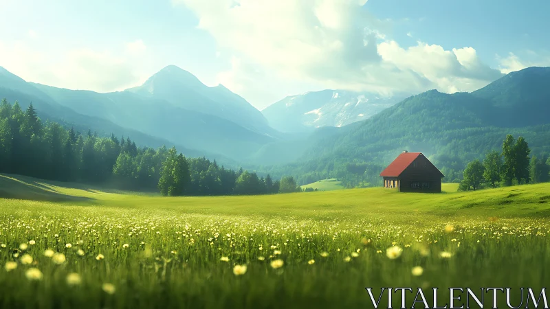 Mountain meadow cabin under soft atmospheric backlight.