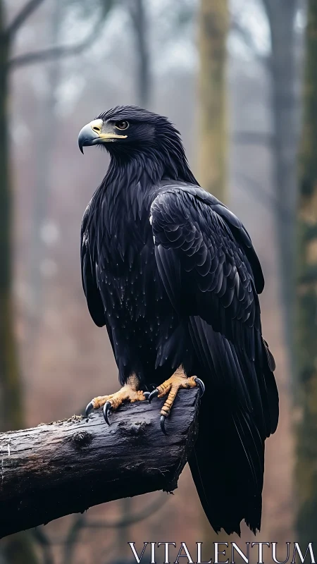 Dark-plumaged eagle perched on branch in muted forest.