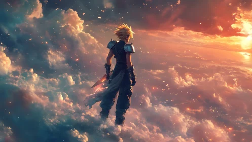 Skyborne warrior pausing above embers of a burning dawn.