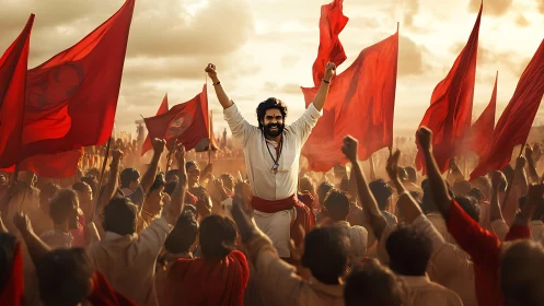 Photorealistic mass rally with central triumphant leader composition.