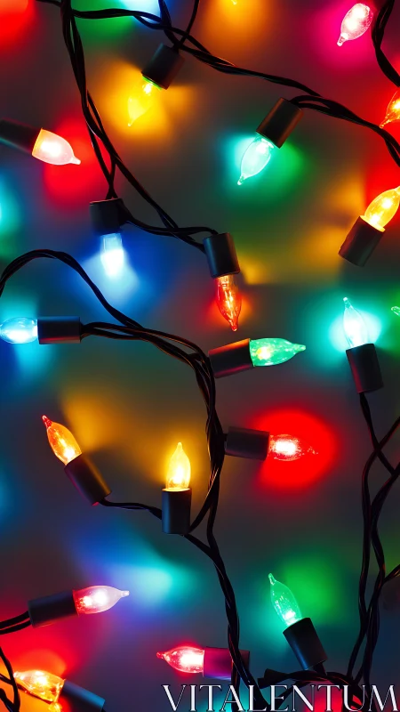 Color-saturated holiday string lights in tangled formation.