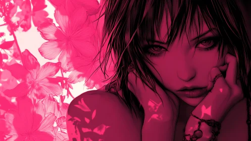 Crimson daydream girl framed in neon petal shadows.